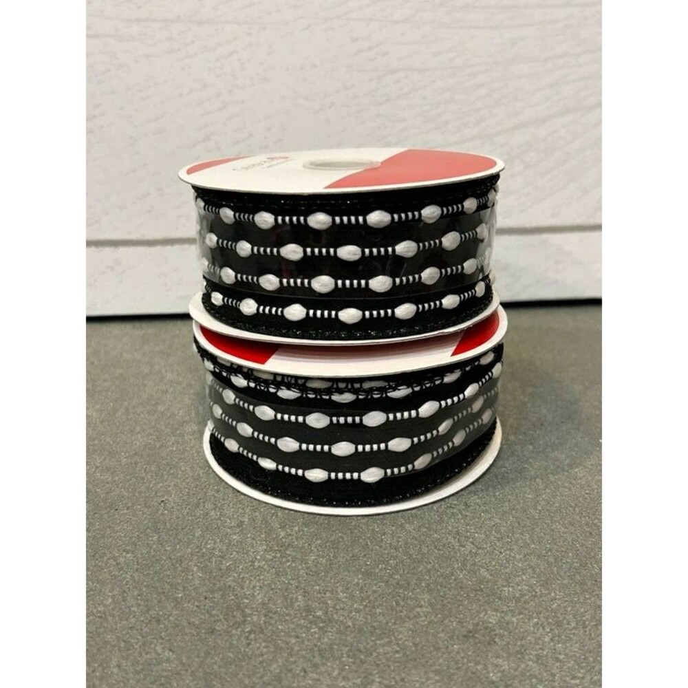 Set of 2 Celebrate It Wired Ribbon Black with White Dots Design